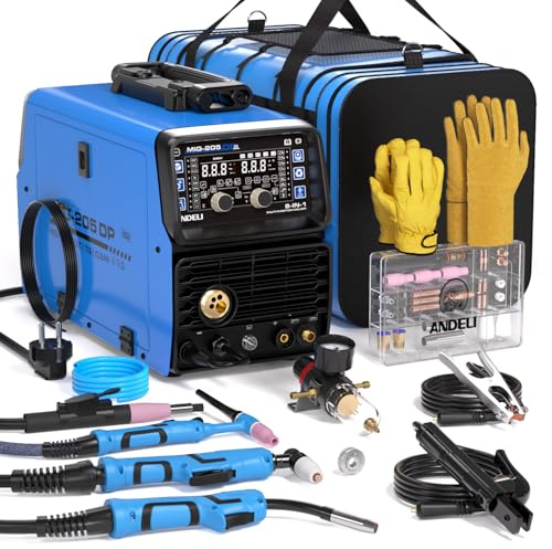 ANDELI 8-in-1 Saldatrice multifunzione 230V - 205A/50A MIG/TIG HF/Plasma | MIG-205DP, Pulsato/Gas/Filo/Pulizia/Freddo/MMA, IGBT, 2T/4T, per Alluminio/Acciaio/Inox, Plasma 50A, Memoria, display HD-LED
