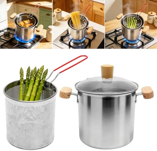 3L Frittiertopf mit Frittierkorb & Verbrühschutzgriff, Edelstahl Frittiertopf mit Sieb zum Kochen, Braten und Sieben für Küche Camping