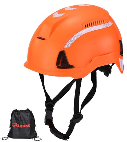 SAFEYEAR Typ 2 Sicherheitshelm, Bauhelm & Kletterhelm EN397 & EN12492, Arbeitshelm mit Kinnriemen, Belüftung, Reflektorstreifen & Drehknopf 53–64 cm, Schutzhelm für Baustelle, Industrie und Höhenarbei