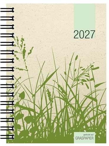 Taschenkalender 1W/2S Graspapier 2027: Wochenplaner 10x14 cm mit 1 Woche auf 2 Seiten, Spiralbindung & 4-sprachigem Kalendarium, umweltfreundlicher Buchkalender für Büro & Homeoffice