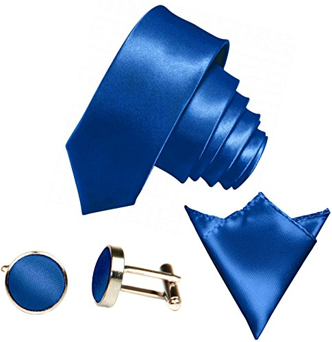 GASSANI 3Tlg Krawatten-Set, 6Cm Skinny Schmale Royal-Blaue Herren-Krawatte Dünn Manschettenknöpfe Ein-Stecktuch, Bräutigam Hochzeitskrawatte Glänzend