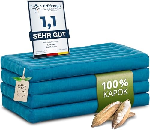 livasia Nachhaltige Klappmatratze aus Kapok - 200x80x8cm - Gästematratze, Faltbare Matratze einfarbig, ökologische Yogamatte, klappbares Gästebett, Liege Garten Balkon (Hellblau Uni)