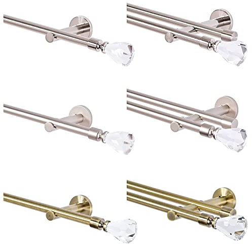 MDEKOR Gardinenstange 2 läufig 240 cm lang Edehlstahl Look | Vorhangstange doppelläufig Ø 16mm Wandhalterung | Gardienenstangenset aus Metall mit Endstück Kristall | Wandmontage Gardinenstangen