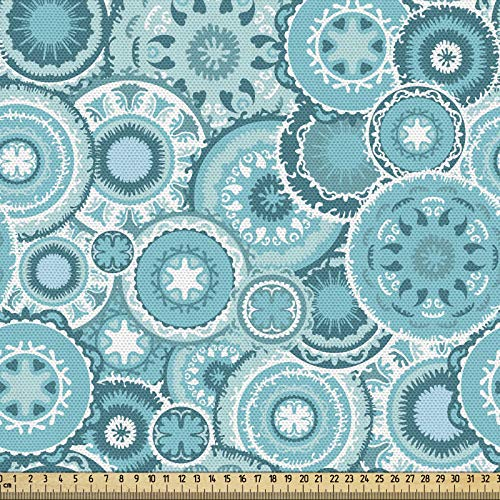 ABAKUHAUS Wasser Gewebe als Meterware, Ethnische Mandala-Runde, Dicht Gewebter Stoff zum Nähen Polster Wohnaccessoires, 3M (148x300cm), Türkis Weiß Teal