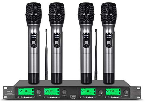 Wireless Microphone System Pro Audio UHF 4 Channel Microphones 4 Handheld Karaoke DJ Mic Karaoke System Whole Metal Mic Karaoke System Church Speaking Conference Wedding Party