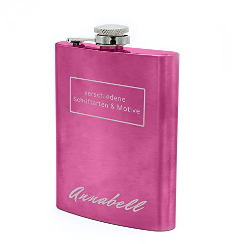 Flachmann mit Namens Gravur, Edelstahl, individuelle Geschenkidee zur Hochzeit, zum Geburtstag oder mehr! (Pink)