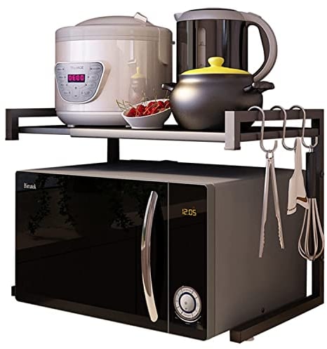 Pusdon Extendable Microwave Oven Rack, Heavy Duty Adjustable Microwave/Toaster Shelf(L15.7~23.6 xW14.2 xH16.5), 2-Tier with 3 Hooks Kitchen Counter Top Organizer, 55lbs Weight Capacity, Black