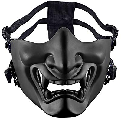 AOUTACC Airsoft Half Face Masks, Evil Demon Monster Kabuki Samurai Hannya Oni Half Face Protective Masks for Masquerade Ball, Party, Halloween, Cs War Game (Adjustable Strap Black)