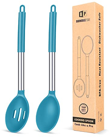 Pack of 2 Large Silicone Cooking Spoons,Non Stick Solid Basting Spoon,Heat-Resistant Kitchen Utensils for Mixing,Serving,Draining,Stirring (Blue)