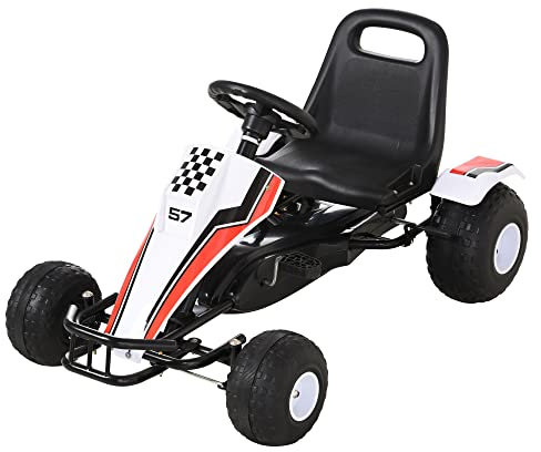 HOMCOM Go Kart a Pedales para Niños de +3 Años Coche de Pedales Infantil con Asiento Ajustable y Freno de Mano 104x66x57 cm Blanco y Negro