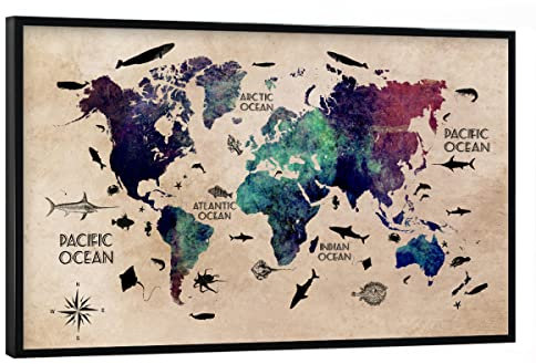 artboxONE Poster mit schwarzem Rahmen 45x30 cm Weltkarte Reise Bunte Weltkarte - Bild World map Weltkarte World map