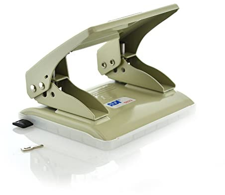 Taladro de Mesa/Oficina- Perforadora Metálica con 2 Agujeros, Gran Resistencia y Capacidad, Perfora hasta 20 Hojas, Guía de Corte, Reverso con Depósito y Tapa - by SDI por Office Box (Beige)