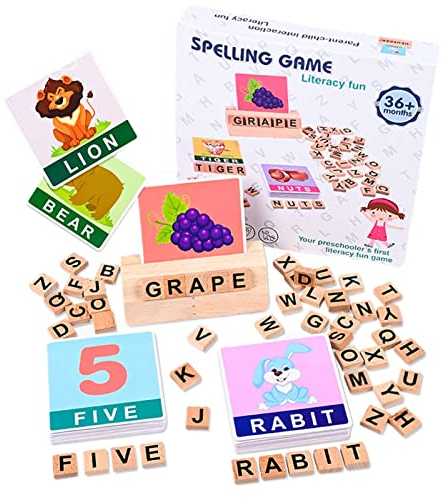 Abbto 2 Pcs Spiele zur Rechtschreibung von Wörtern | Buchstabenspiele für Kleinkinder,Holzbuchstaben Blöcke Rechtschreibspiele für Kinder, Montessori Alphabet Karten Spielzeug Passendes Lernspiel