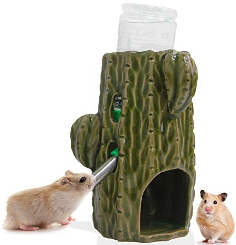 Zhilishu 2-in-1 Adjustable Hamster Water Bottle for Glass Tank - 80ML, No Drip Ceramic Holder for Dwarf Hamster, Mice, Rat (Dark Green)
