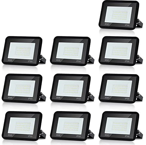 Yakimz Lot de 10 spots LED d'extérieur 30W, 2550 lm Projecteur LED Exterieur super lumineux, Étanchéité IP66, 3000K Blanc chaud Eclairage de Sécurité LED Pour terrasse, terrain de sport