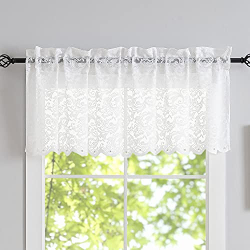 Spitzen-Küchenvolant für Fenster mit Perlen, 45.7 cm lang, Vintage-Blumenmuster, durchscheinend, Küchenvorhänge, kleines Fenstervolant für Wohnzimmer, Schlafzimmer, Badezimmer, Einzelbett, Weiß