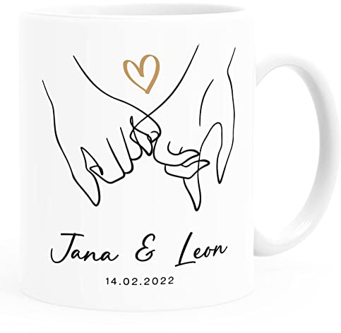 SpecialMe® Kaffee-Tasse Liebe personalisiert mit Name und Datum Hände Paar Herz Liebes-Geschenk Freundin Mann weiß standard