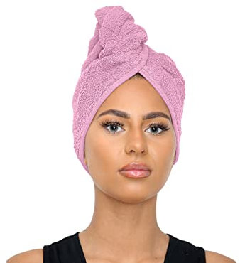 Sapphire Collection Serviettes de séchage pour cheveux, 100 % pur coton éponge doux, serviette turban absorbante pour cheveux, serviette de spa avec boucle et bouton pour cheveux longs (rose)