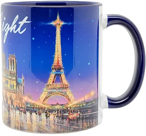 DESSAPT Arts - Paris la Nuit et ses Lumières/Paris by Night - Mug Céramique 325 ml - Tasse-Cadeau Unique avec les Magnifiques Paysages Parisiens - Imprimé en France - Blanc et Bleu Cobalt