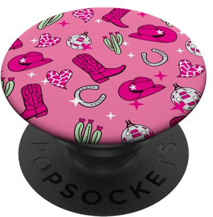 Cowboy Hat & Boot & Disco Ball Pattern Hot Pink Cowgirl PopSockets Adhesive PopGrip