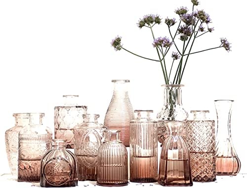 12 Small Glass Flower Vase for Wedding Centrepiece Table Decorations, Pink Clear Crystal Vintage Embossed Bud Mini Flowers Vases in for Party or Home Living Room Dining Bedroom Decor Aesthetic