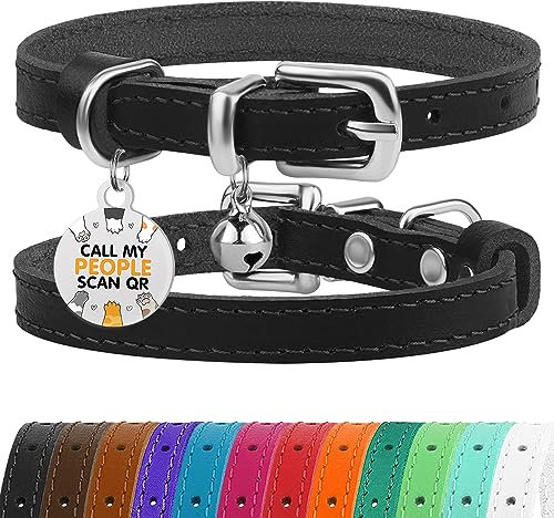 BRONZEDOG Katzenhalsband aus Leder mit Glöckchen, Nicht abreißbar, QR-Tag für Mädchen und Jungen (Schwarz und Silber, 23-28 cm)