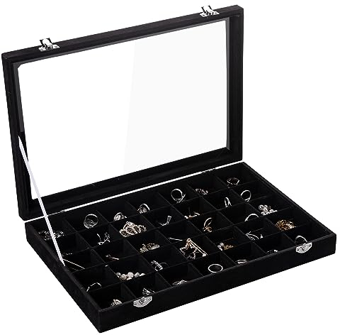 Frebeauty Velvet Jewellery Tray 35 Grid Jewellery Organiser with Transparent Lid Earring Organiser Holder Case with Clasp Drawer Insert for Rings Stud Earrings Gift (Black 35 Grids)