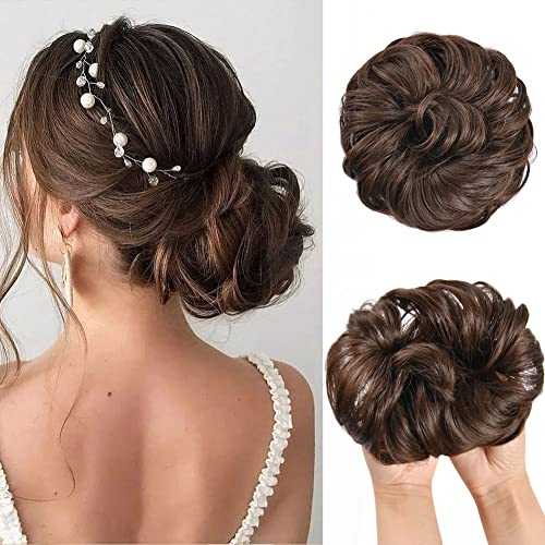 Aomig Haarteil mit Gummiband, Dutt Haarteil Oberkopf Gelockt Haargummi Mit Haaren, Haardutt Hochsteckfrisuren Haarverlängerung Messy Bun Haarteile für Damen Mädchen Pferdeschwanz (Dunkelbraun)