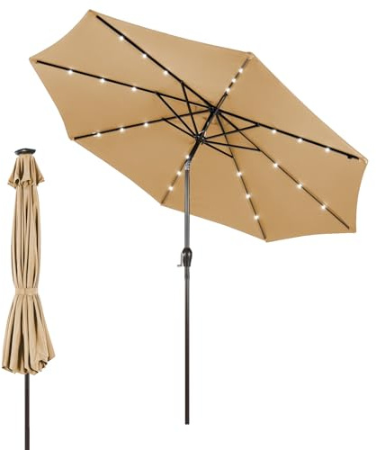 GYMAX Ombrellone da Giardino 3x3 M, con Luci LED Solare, Ombrello Inclinabile Regolabile, da Terrazzo Patio Spiaggia