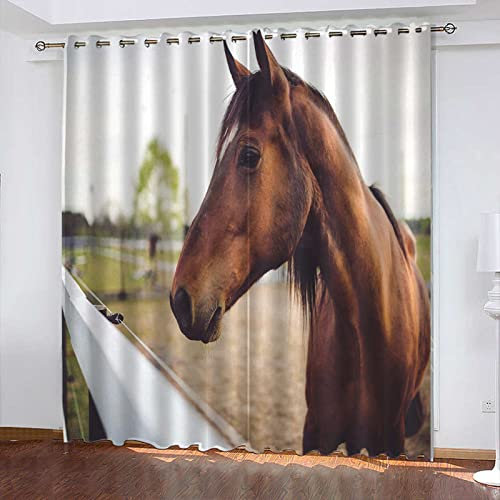 GOKSEL Fenster Vorhang Schlaufen-Vorhang 2 Stück x 140 B x 175cm H Tier & Braunes Pferd Dekorative Gardine Schlaufenschal Fenster-Schal