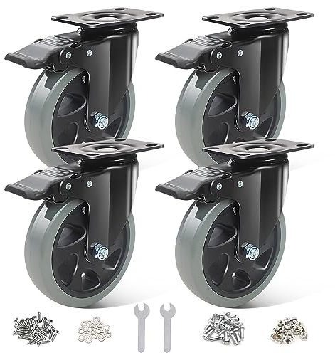 BAOLIHUI 125mm Schwerlastrollen Graue 4er Set Möbelrollen Bis zu 800KG, 360 Grad Doppelverriegelung Rollen mit Bremse, inkl. Schrauben & Staubschutzring - Ideal für Werkbänke Werkzeugwagen Paletten