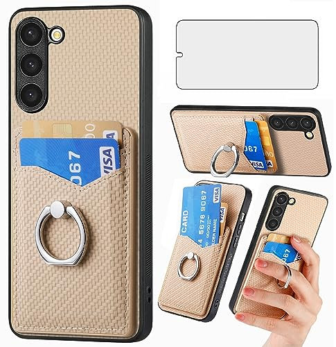 Asuwish Cover per Samsung Galaxy S23 Plus S23+ 5G con Pellicola Vetro Temperato Supporto Anello Regolabile Fibra Portacarte Portafoglio Custodia per S23plus 23S S 23 + 23+ Cellulare Phone Case Beige