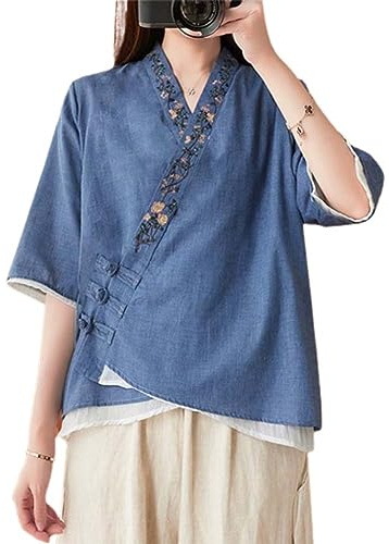 The Princess Bride Hanfu Blusa holgada casual de lino, manga 3/4, cuello en V, ropa tradicional china con botones de rana china, verano A11- Parent