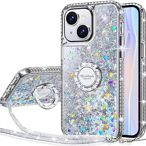 Silverback Kompatibel für iPhone 15 Hülle mit Band Mädchen Glitzer Handykette Handyhülle 360 Grad Ring Cover Silikon Flüssigkeit Clear Schutzhülle für iPhone 15 -Silber