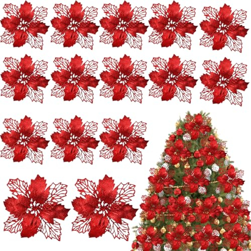 15 Stück Weihnachten Glitzer Weihnachtsstern Blumen, Christmas Glitter Poinsettia, Künstlicher Blumenschmuck mit Clips, Weihnachtsblumen Blumen Deko, für Hochzeit Neujahr Ornamente, 16cm, Rot