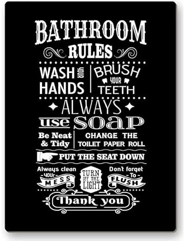 Divertente cartello con regole del bagno e scritta in inglese Toilet Restroom (lingua italiana non garantita), decorazione da parete per la casa, regalo per donne, uomini, amici, decorazione da