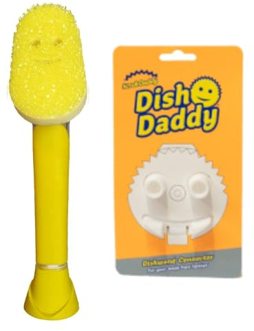 Scrub Daddy Dish Daddy Brosse Vaisselle avec Reservoir + Adaptateur, Eponge Vaisselle Grattante FlexTexture, Manche Intégré avec Distributeur Liquide Vaisselle, Brosse Eponge, Stand de Support - Jaune