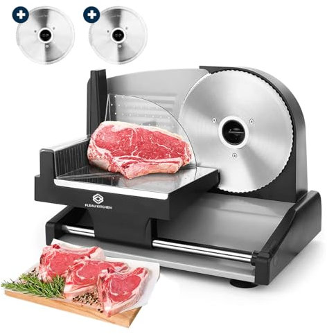 Fleau Kitchen Professional Meat Slicer - Including 2X Stainless Steel Cutting Blades - Adjustable Thickness - Multifunctional - Powerful Motor - All-Purpose Slicer - Thin for Home