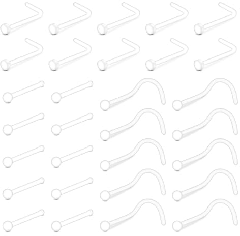 WillTen 30PCS 18G Clear Nose Studs Hide Piercing for School Flat, 7mm Plastic Transparent Nose Piercing Corkscrew L Shape, Bioflex Piercing Retainers Jewelry Set for Women Men