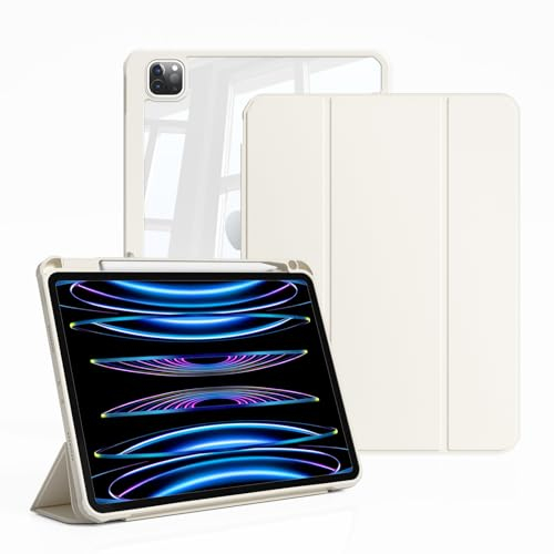 ZKTUYU Hülle für iPad Pro 11 4./ 3./ 2./1. Generation 2022/2021/2020/2018 mit Stifthalter, Durchsichtig Acryl Stoßfeste Schutzhülle, Kann Pencil 2 Aufladen, Auto Schlafen/Wachen, Weiß