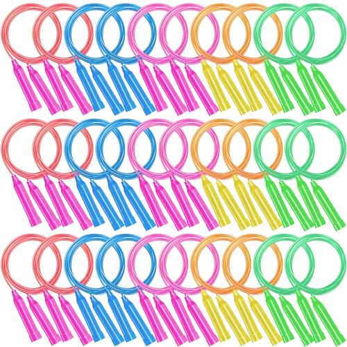 Dyrfolm Jump Rope, 36 Packs Kids Adjustable Length Polyvinyl Chlorine (PVC) Jump-ropes Set, Pink, Blue, Purple, Yellow, Green, Plastic Grip, Exercise and Fitness, Rewards, Souvenirs, Gifts