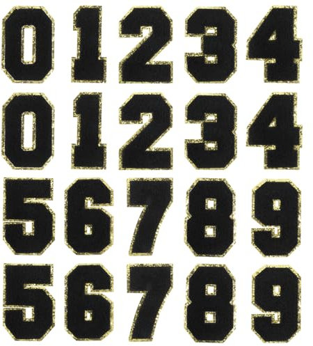 sourcing map 20pcs Glitters Chenille Number Patches 8.4cm / 3.3 Iron-On Embroidery Numbers for Team Uniforms Sports T-Shirts Hats Bags (Black, Number 0-9)