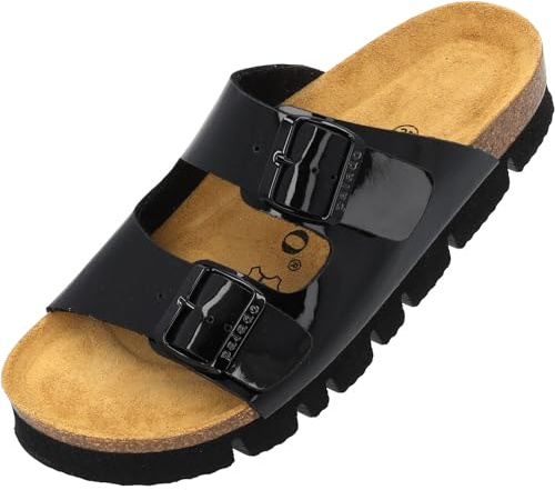 Palado Pantoletten Damen Korfu PL Lack - gefertigt in Spanien - edles Lack-Design - Veloursleder-Decksohle - bequemes Weichfußbett - Plateau-EVA-Sohle Schwarz UK6 - EU39