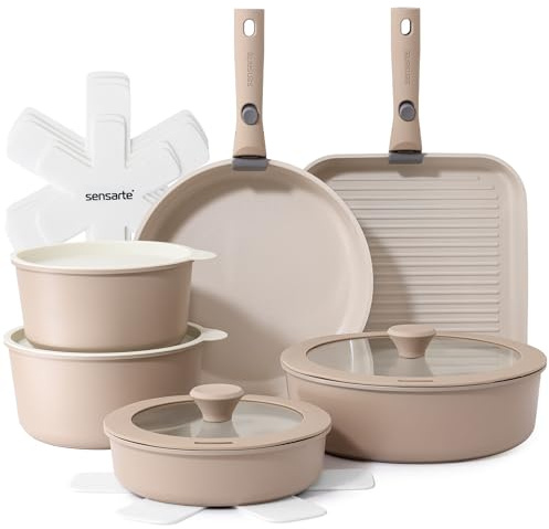 SENSARTE Batterie de cuisine 17 pièces en céramique antiadhésive avec poignée amovible, passe au lave-vaisselle et au four, sans PFAS/PTFE/PFOA (beige amande)