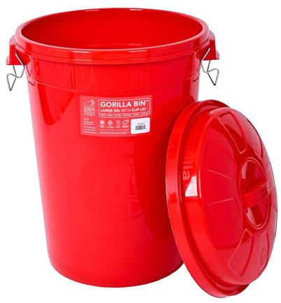 Red Gorilla Bin 80 Litre with Clip Lid Red Stackable Storage Plastic Lightweight Weather Resistant Frost Proof for Indoor Outdoor Waterproof Waste Bin for Garden Garage Kitchen Home Recycling