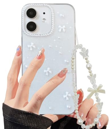XQAGU Phone Case for iPhone 11 Clear Glitter Case with Cute Bow Pearl Aesthetic Girly with Phone Charms Chain Bracelet Soft Protective Cover for iPhone 11-White Bow