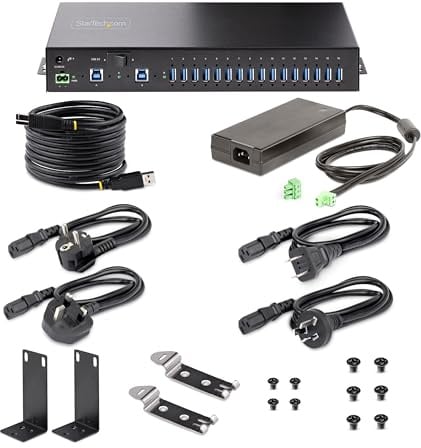 StarTech Hub USB 3.0 Industrial 16 Puertos 5Gbps (S5G16AINDS-USB-A-HUB) | Adaptador de alimentación de 160W incluido, Carcasa metálica, Switch 2 hosts