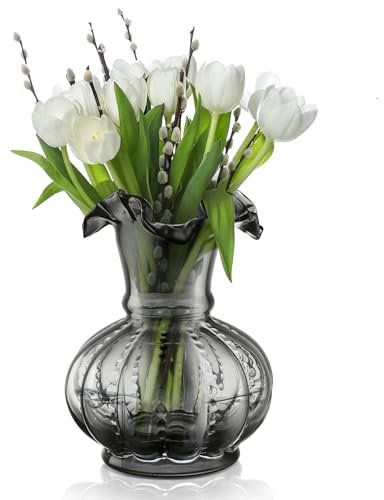 Joeyan Vase Décoratif,Grand 20cm Gris Vases à Fleurs en Verre Vintage,Fait à la Main,Centres de Table,Vase sur Pied épais Coloré pour Décorer Les Tables de Mariage,Maison Rustique,Salon,Bureau,Ferme