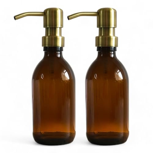 AVALON 250ml Amber Glass Soap Dispenser Bottles with On Trend Metallic Pump - Empty Refillable Containers for Liquid Soaps, Lotions, and More (Pack of 2, Brass Style Pump)