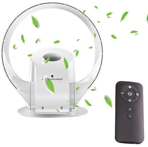 Bladeless Desk Fan with Remote Control, Waterproof Portable Fan, Wall Mounted Oscillating Fan for Office/Bedrooms, 7 Speed Small Fan with 300 500mAh Battery Operated, Timer, Black
